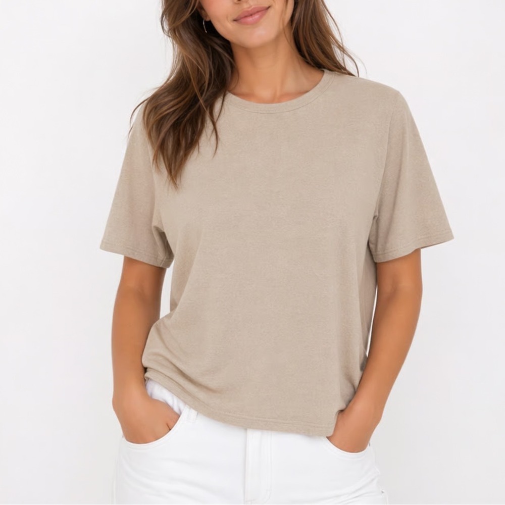 Staples T Shirt Women Medium Champagne Viscose Stretch Metallic Shimmer Knit Top